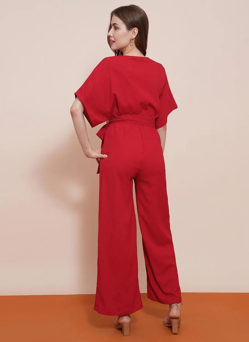 globus Red Globus Women Round Neck With V Cut Kimono Sleeves Waist Tie-Up Longline Jumpsuit for Women | Best Price UAE